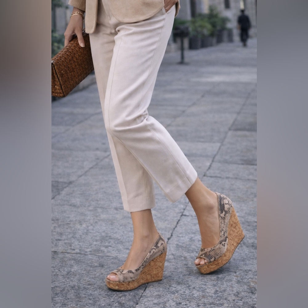 Jimmy Choo AUTHENTIC Beige/Brown Python Embossed Leather Papina Wedge Pumps